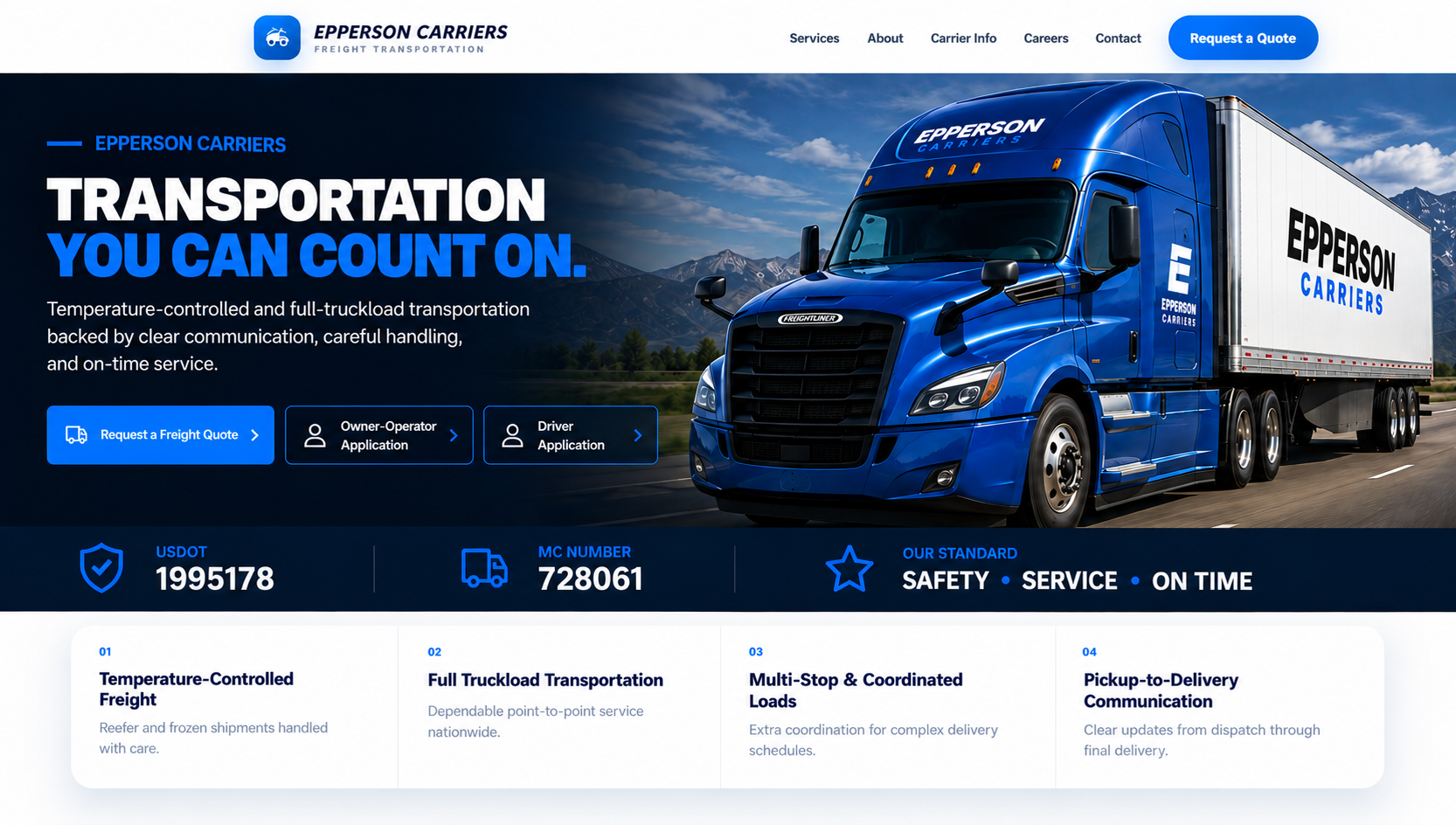 Blue Epperson Carriers Freightliner Cascadia. Temperature-controlled and full-truckload transportation. USDOT 1995178, MC 728061.